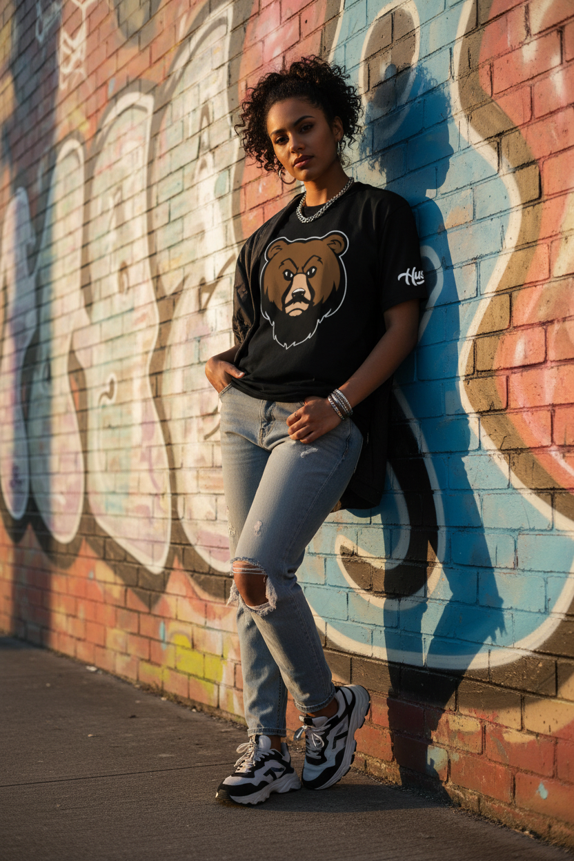 Female Model - Fall Brown Bear Tee