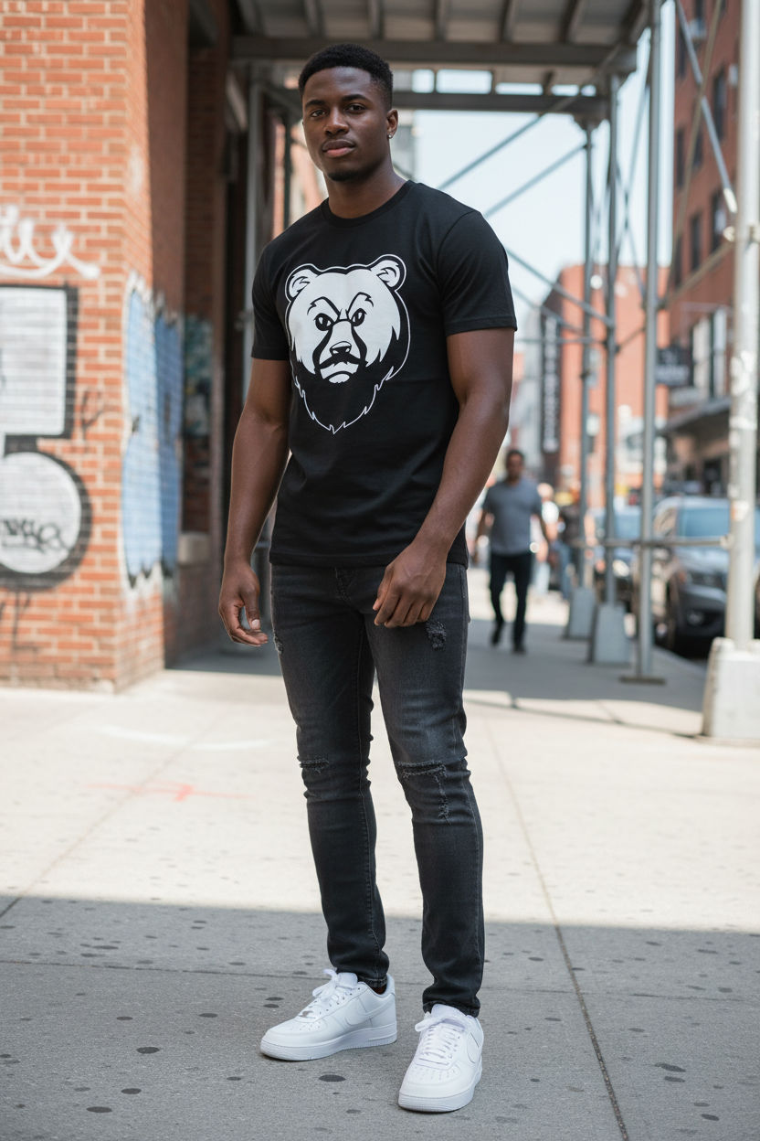 Athletic Black man in black OG Bear Tee with AF1s