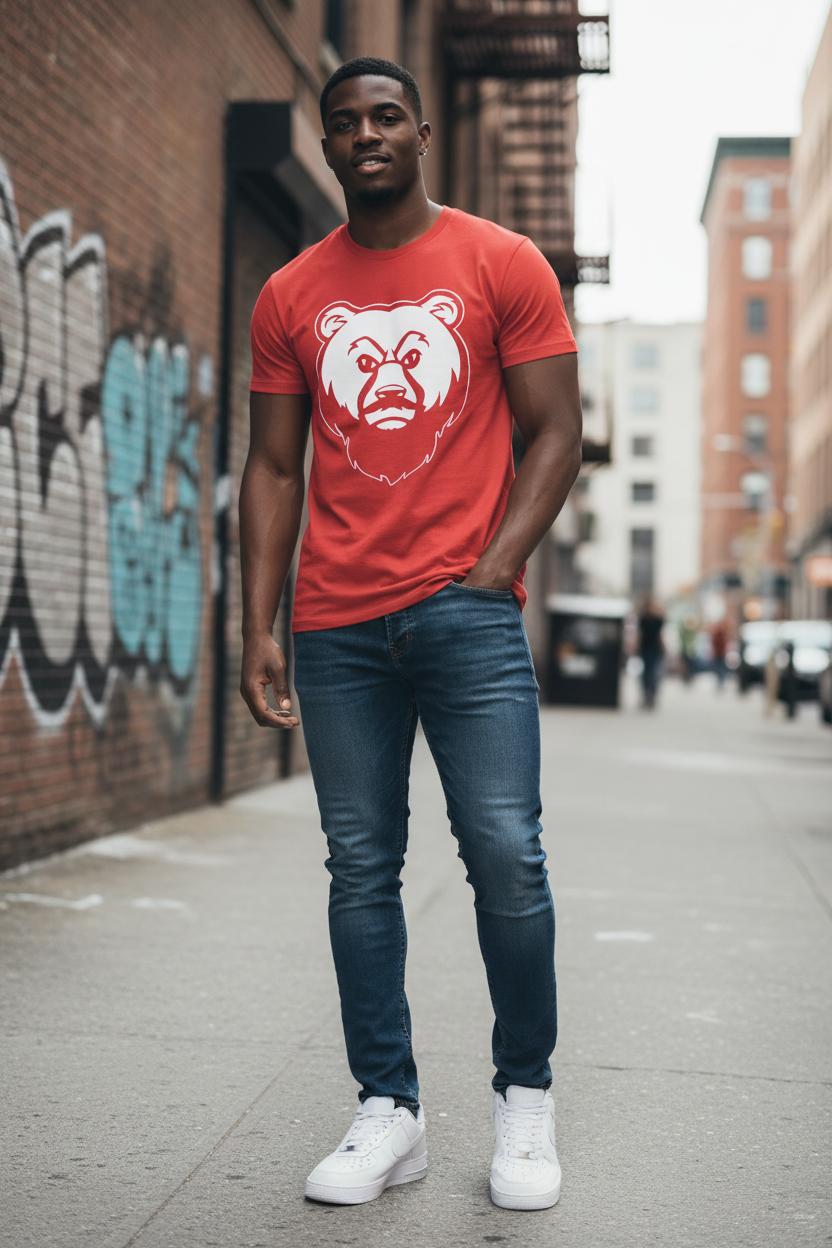 Athletic Black man in red OG Bear Tee with AF1s
