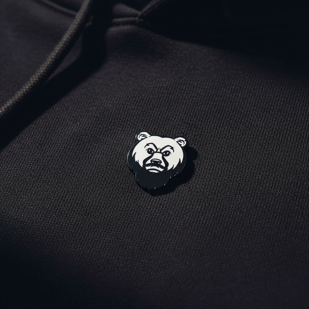Bear mascot pin on hoodie