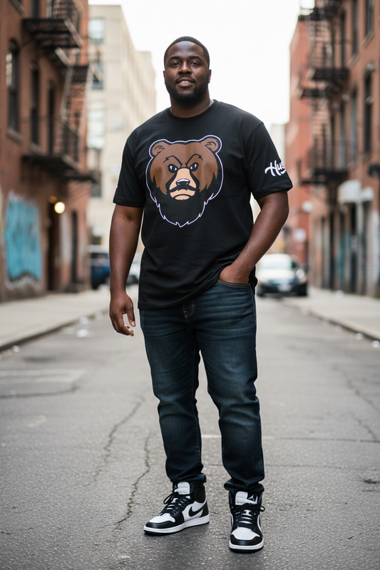 Full body plus size Black man in Fall Brown Bear Tee with Jordan 1s