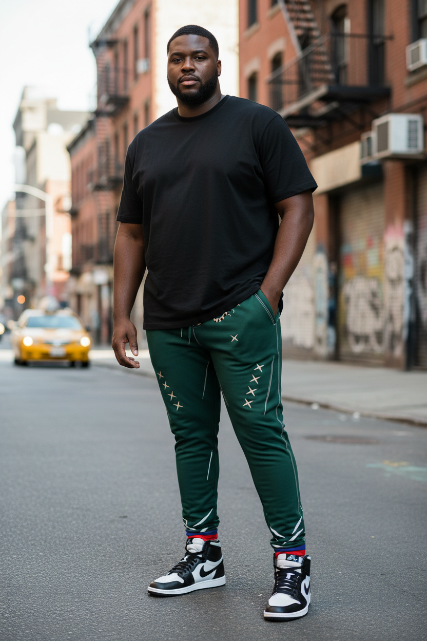 Heavyset Black male blank black tee