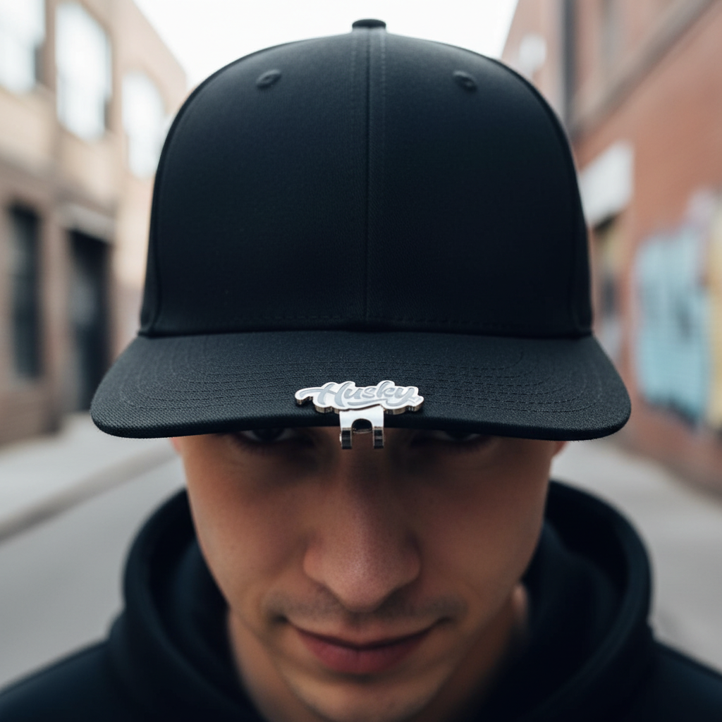 Husky hat clip hanging from brim underside