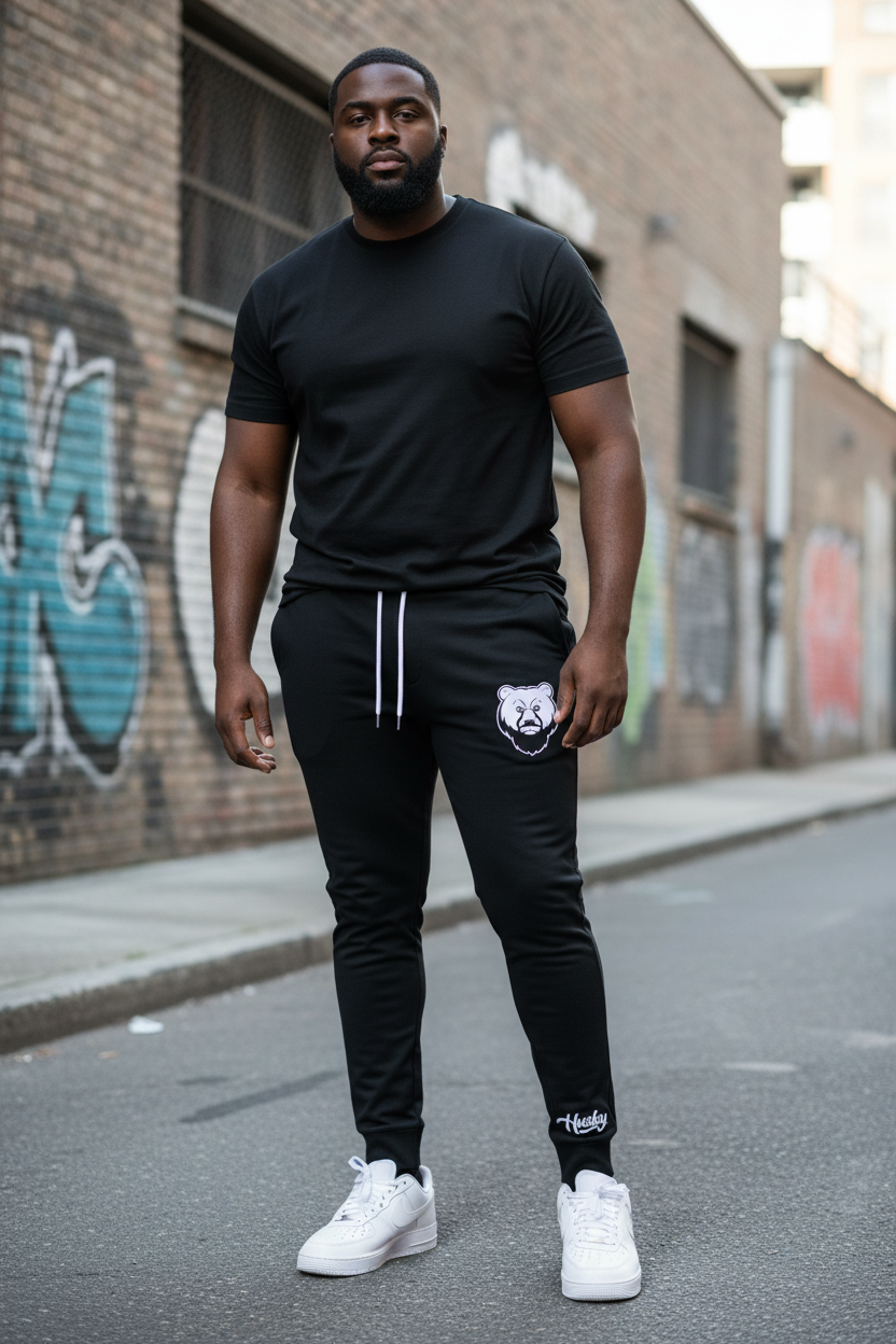 Heavyset Black male in Husky Classic Black Jogger with white Nike AF1s
