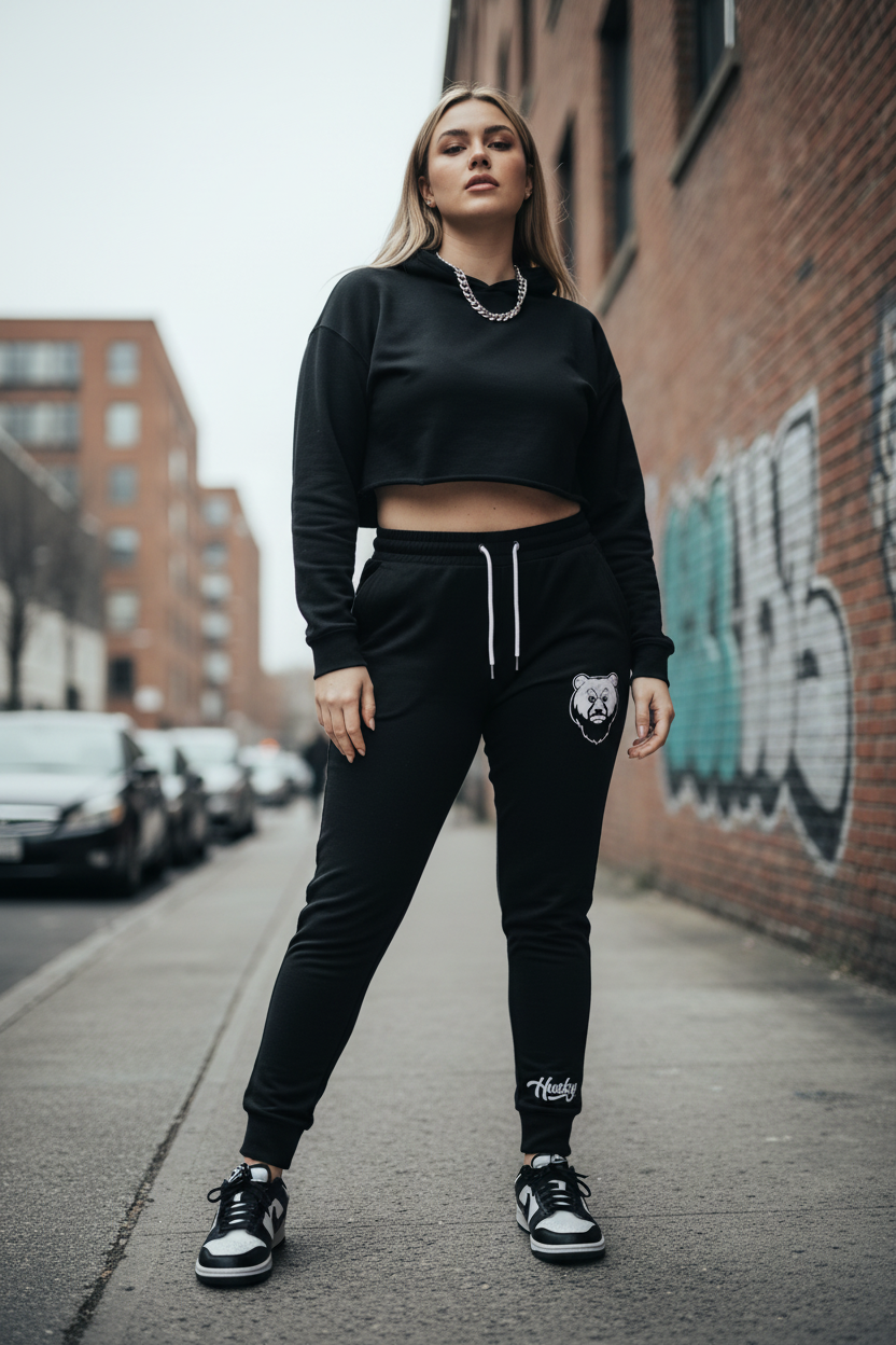 Curvy white female in Husky Classic Black Jogger with Nike Dunk Pandas