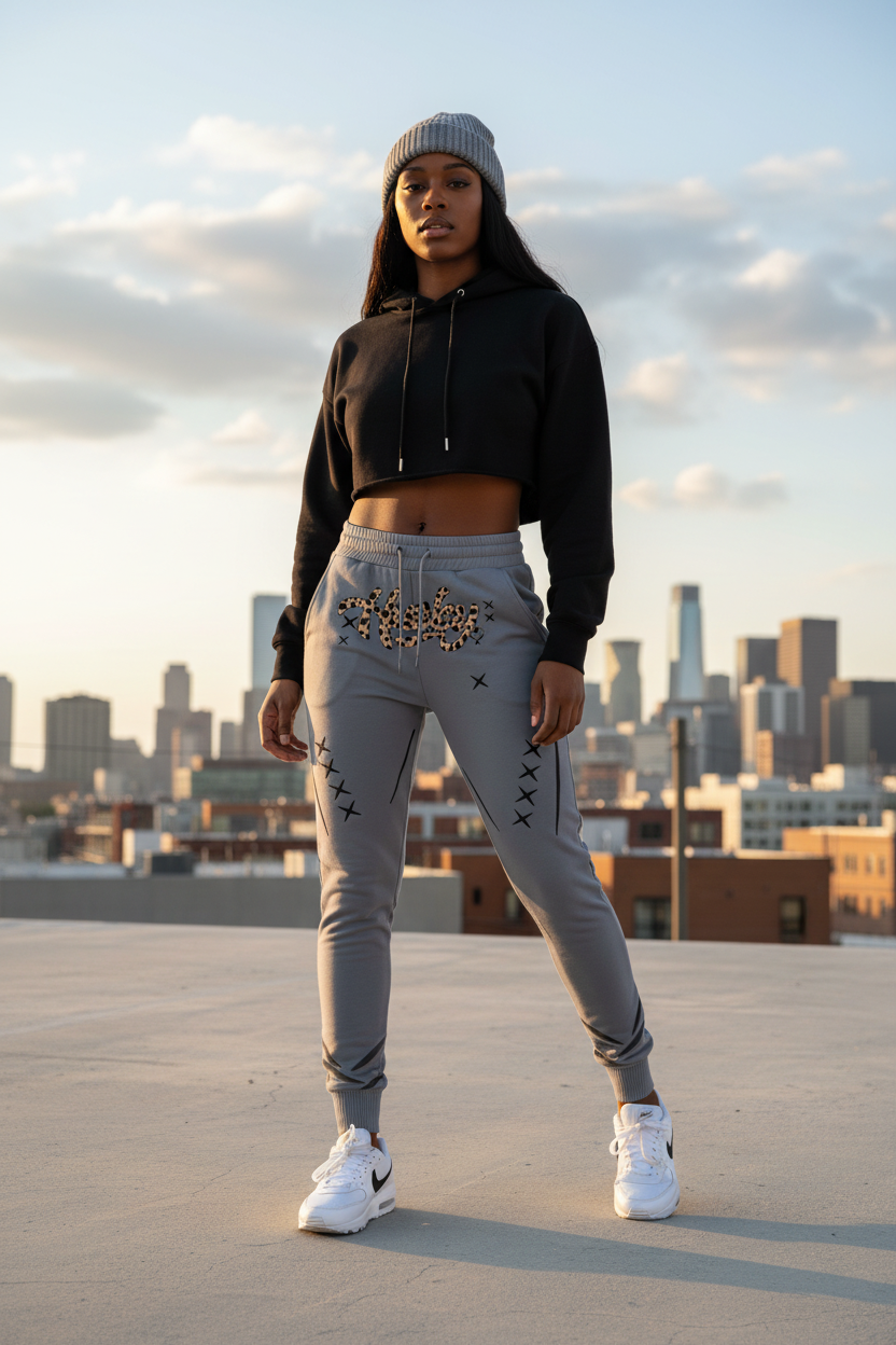 Tall athletic Black female in Husky Gray Leopard Jogger with white Nike Air Max