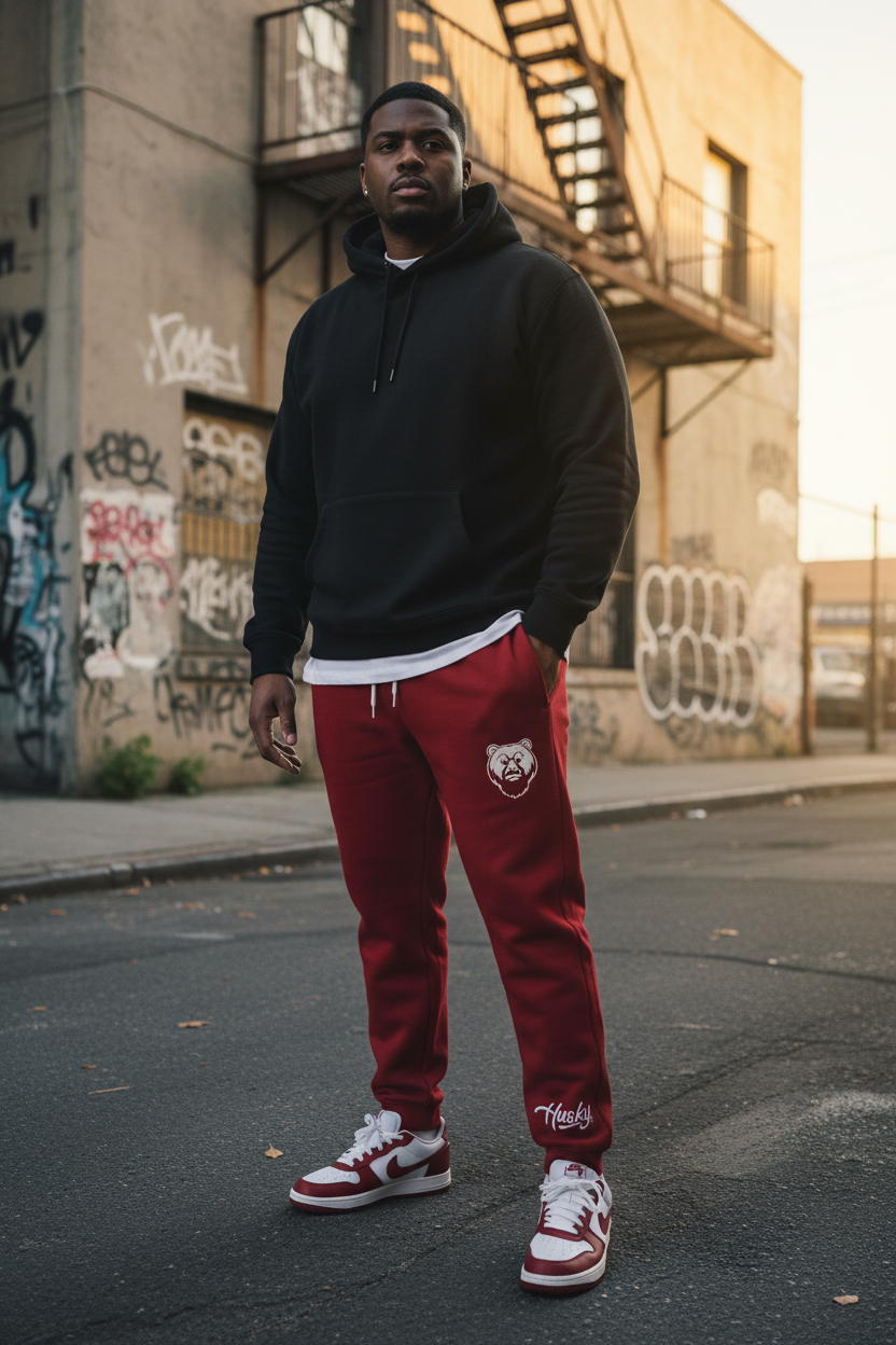 Heavyset Black male in Husky Classic Red Jogger with white Nike AF1s