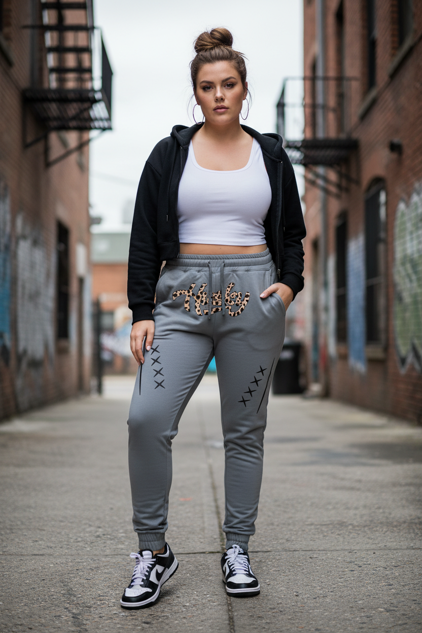 Curvy white female in Husky Gray Leopard Jogger with Nike Dunk Pandas