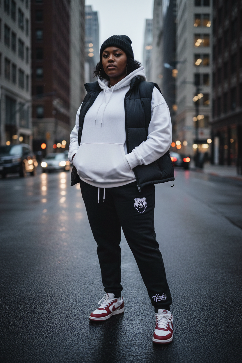 Heavyset Black female in Husky Classic Black Jogger with white Air Jordan 11s