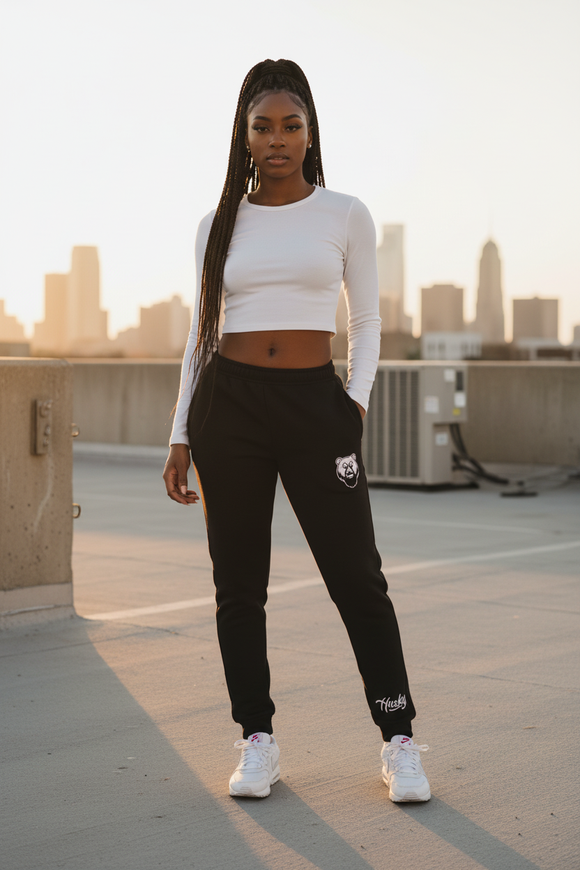 Tall athletic Black female in Husky Classic Black Jogger with white Nike Air Max