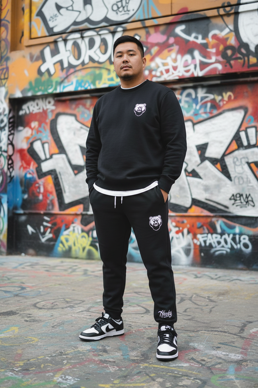 Heavyset Asian male in Husky Classic Black Jogger with Nike Dunk Pandas
