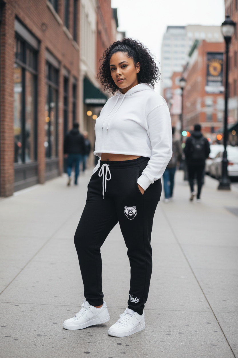 Plus-size Latina female in Husky Classic Black Jogger with white Nike AF1s