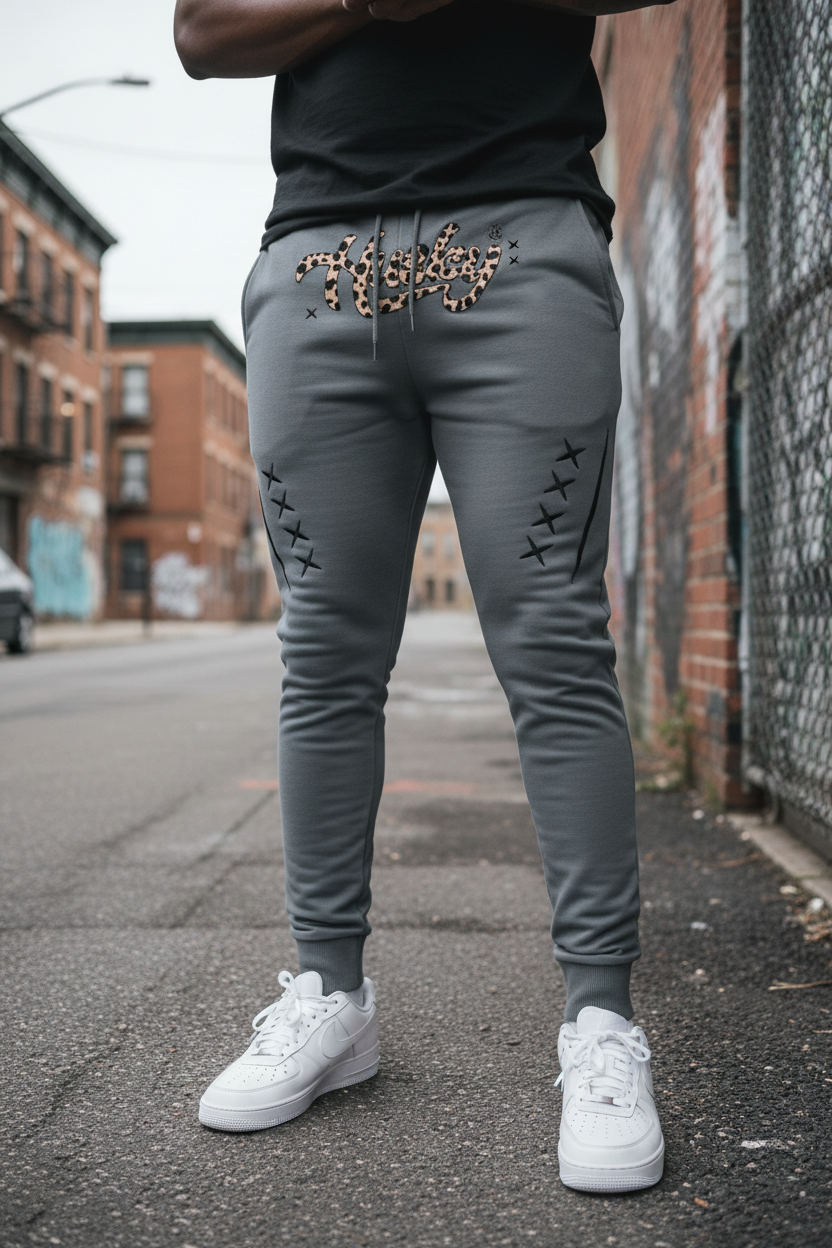 Heavyset Black male in Husky Gray Leopard Jogger with white Nike AF1s