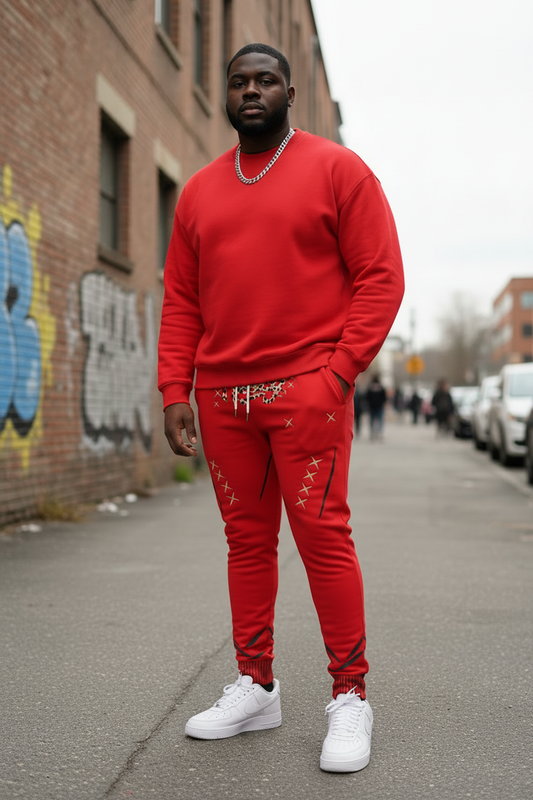 Heavyset Black male in Husky Red Leopard Jogger with white Nike AF1s