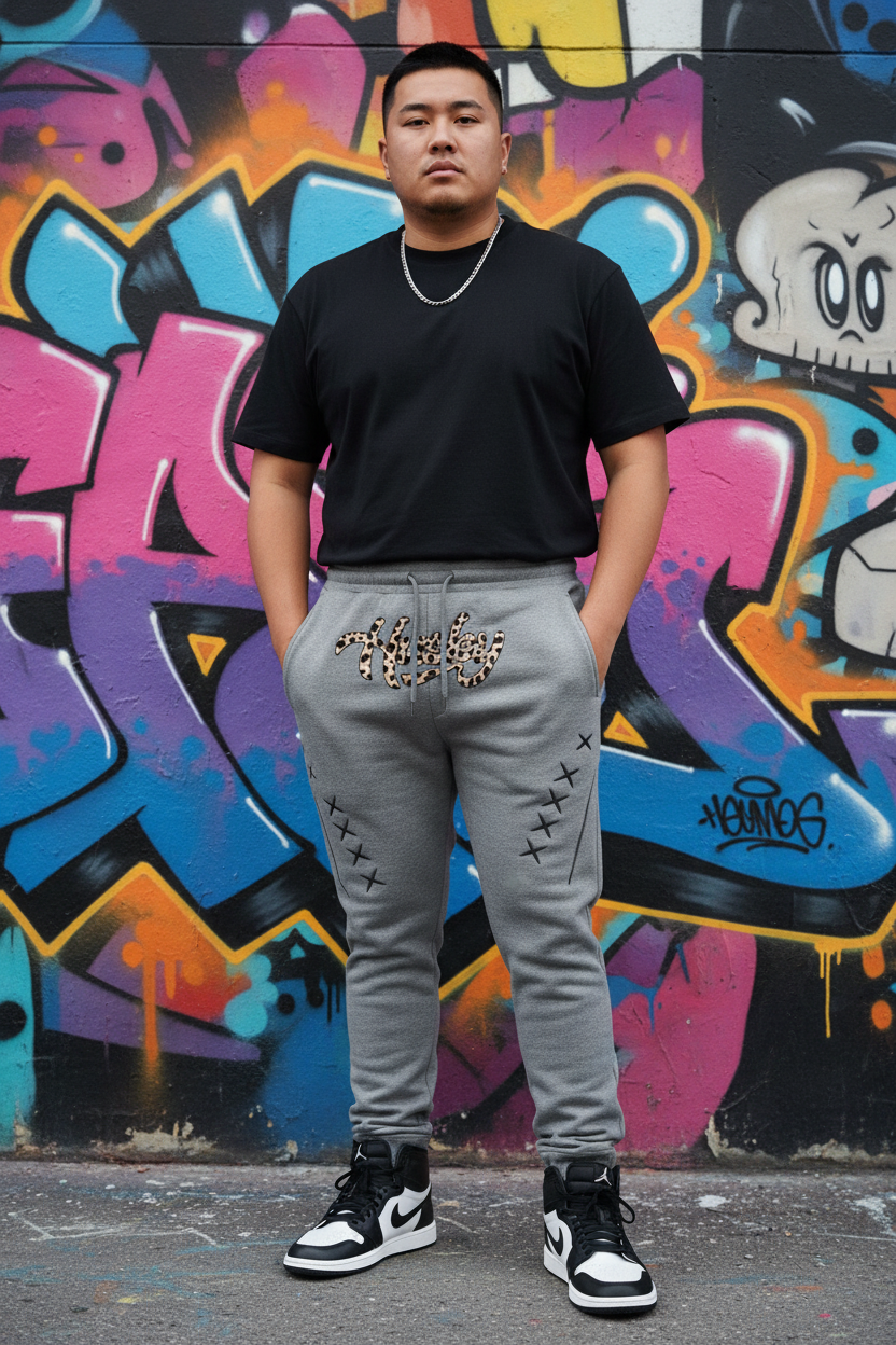 Heavyset Asian male in Husky Gray Leopard Jogger with Air Jordan 1s