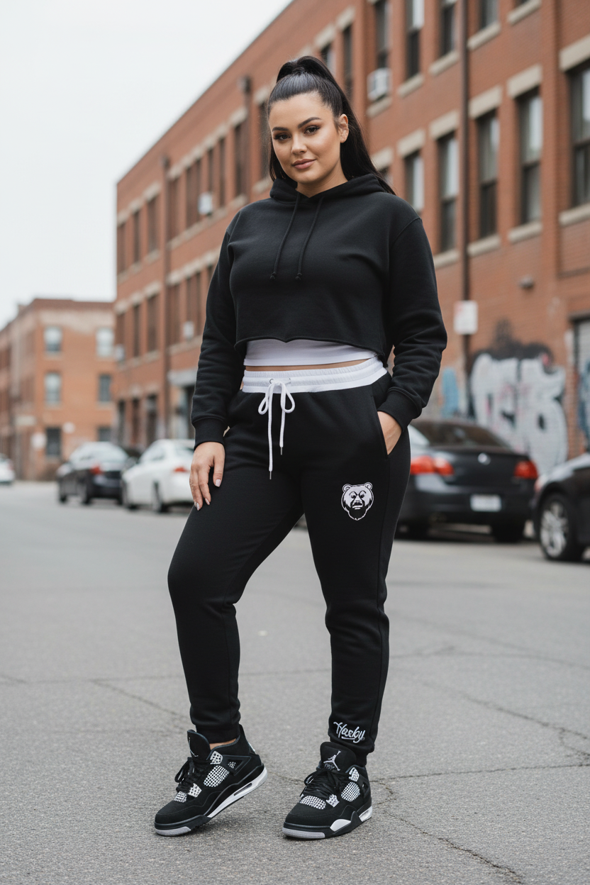 Curvy white female in Husky Classic Black Jogger with Air Jordan 4s