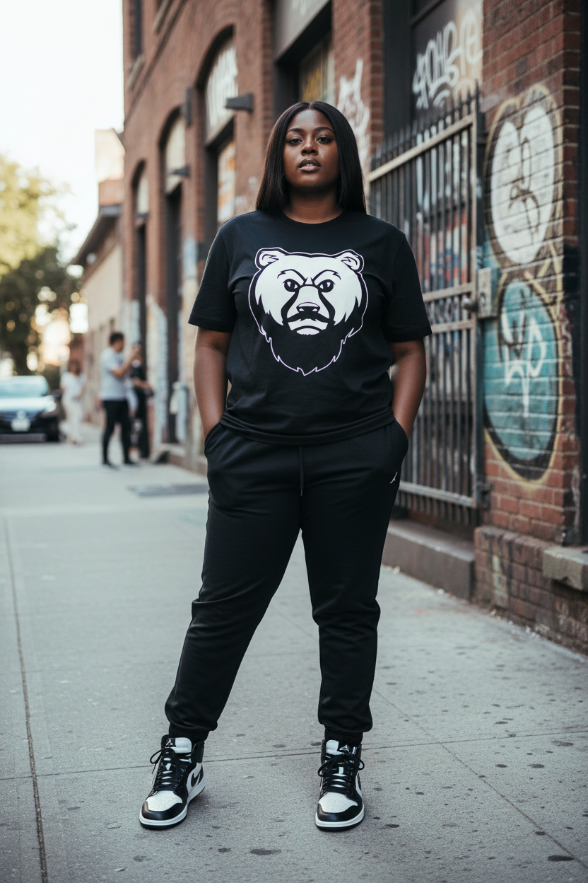 Plus size Black woman in black OG Bear Tee with Jordan 1s