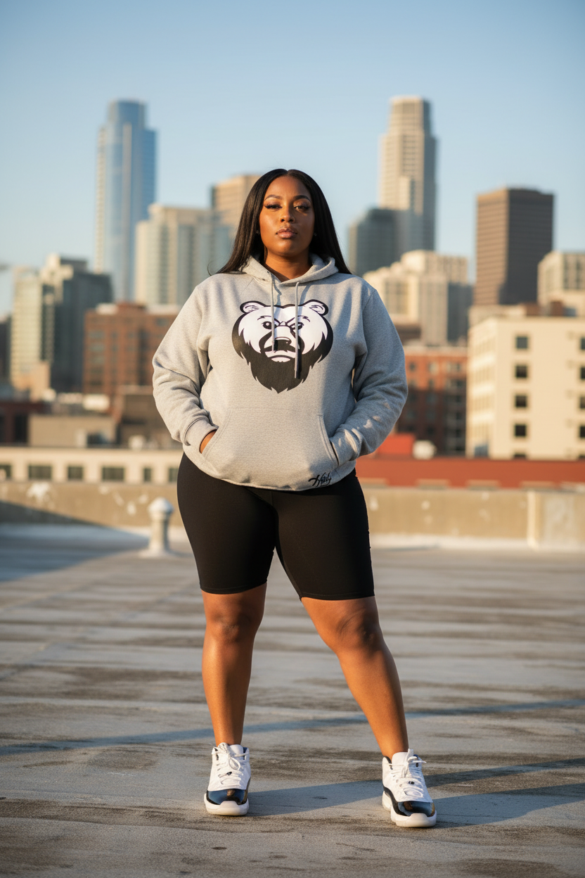 Plus-size Black woman in gray OG Bear hoodie with Jordan 11s