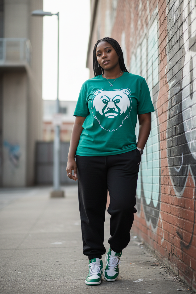 Plus size Black woman in green OG Bear Tee