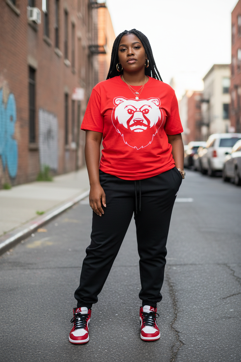 Plus size Black woman in red OG Bear Tee with Jordan 1s