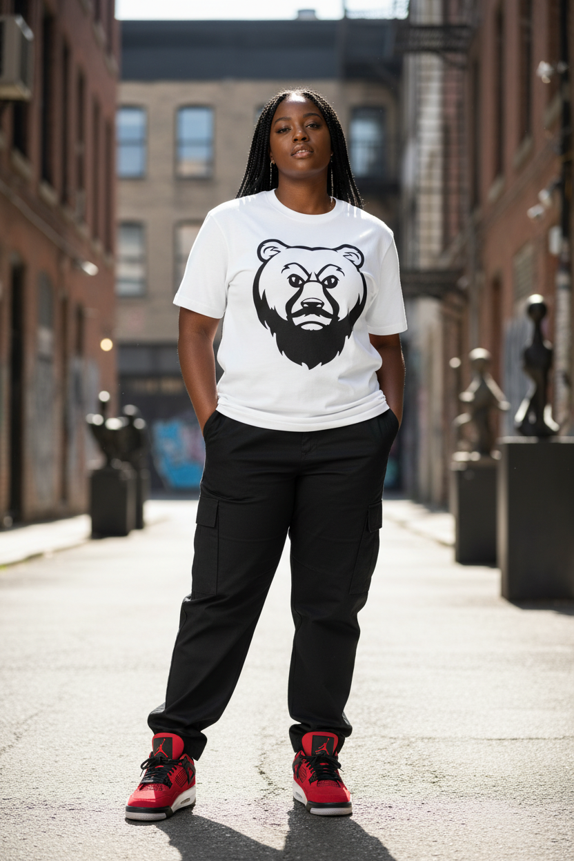 Plus size Black woman in white OG Bear Tee with Jordan 4s