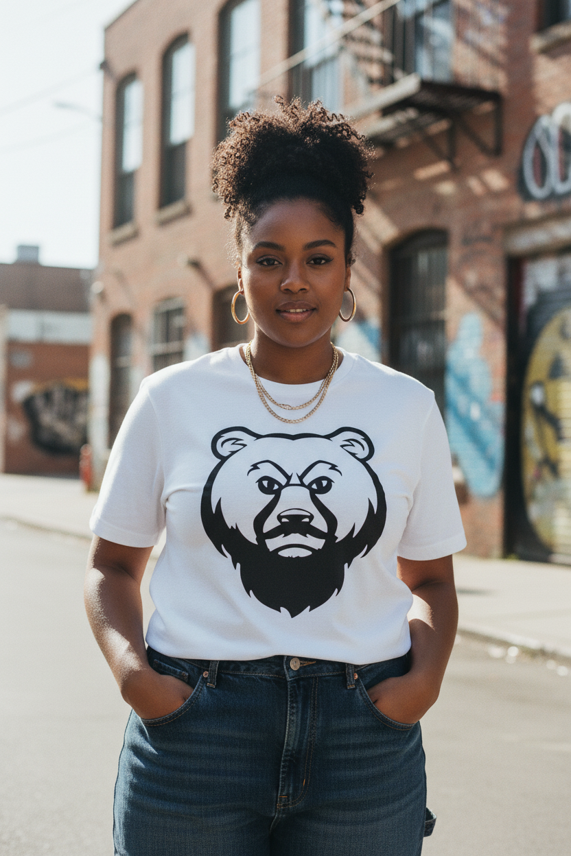 Plus size Black woman in white OG Bear Tee