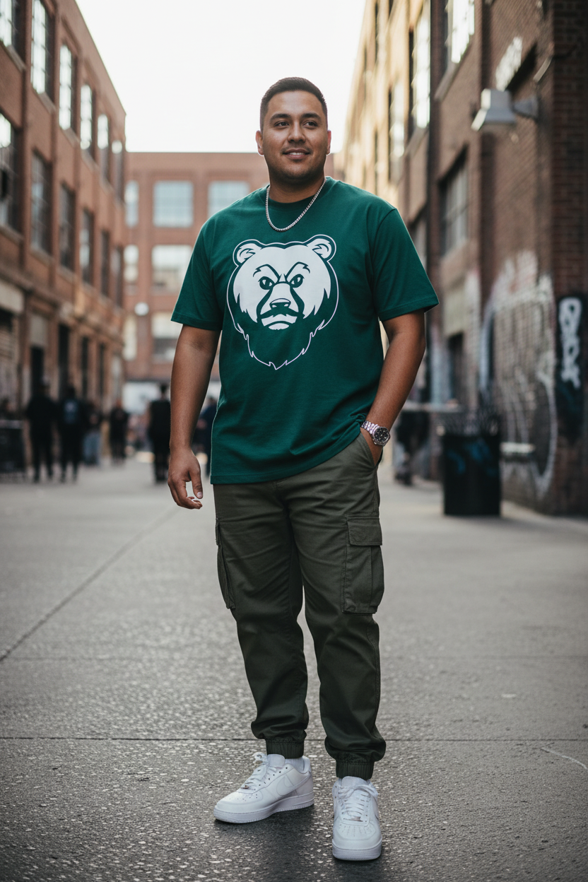 Plus size Latino man in green OG Bear Tee