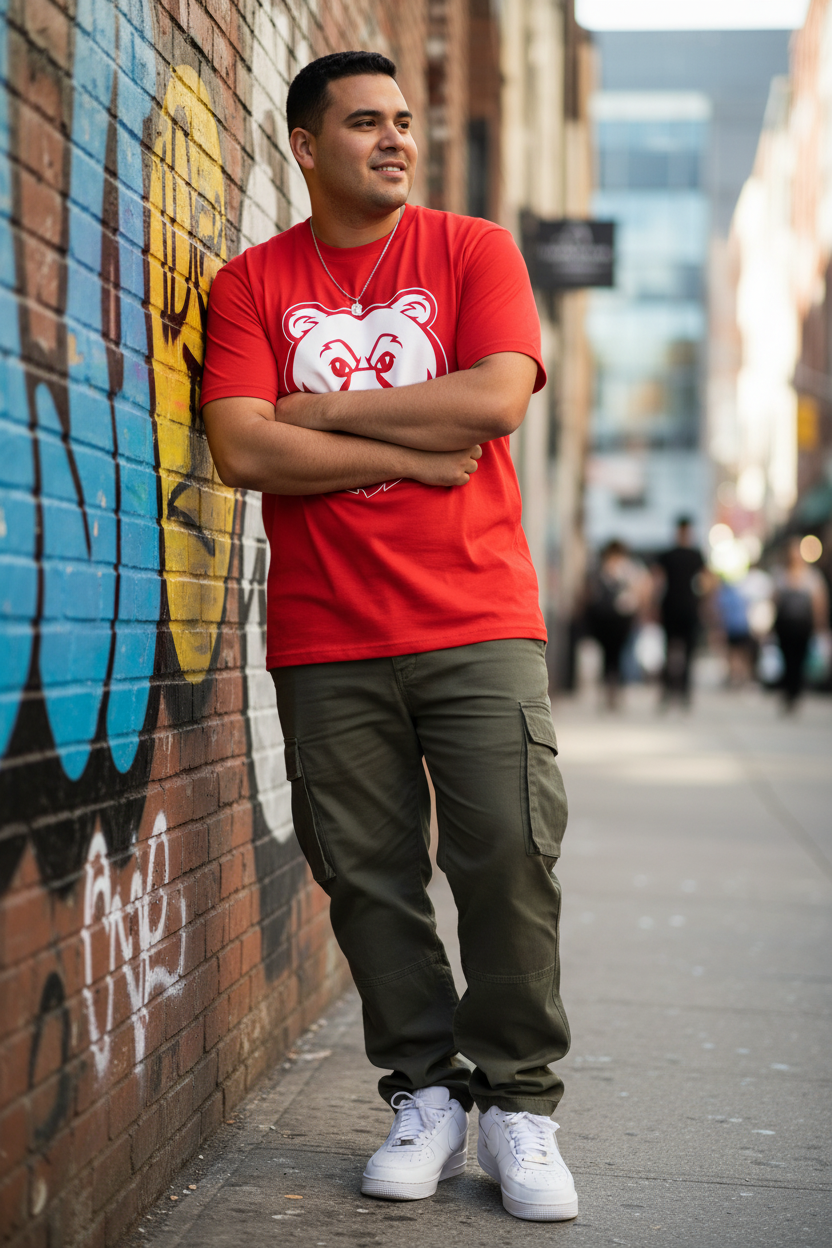 Plus size Latino man in red OG Bear Tee with AF1s