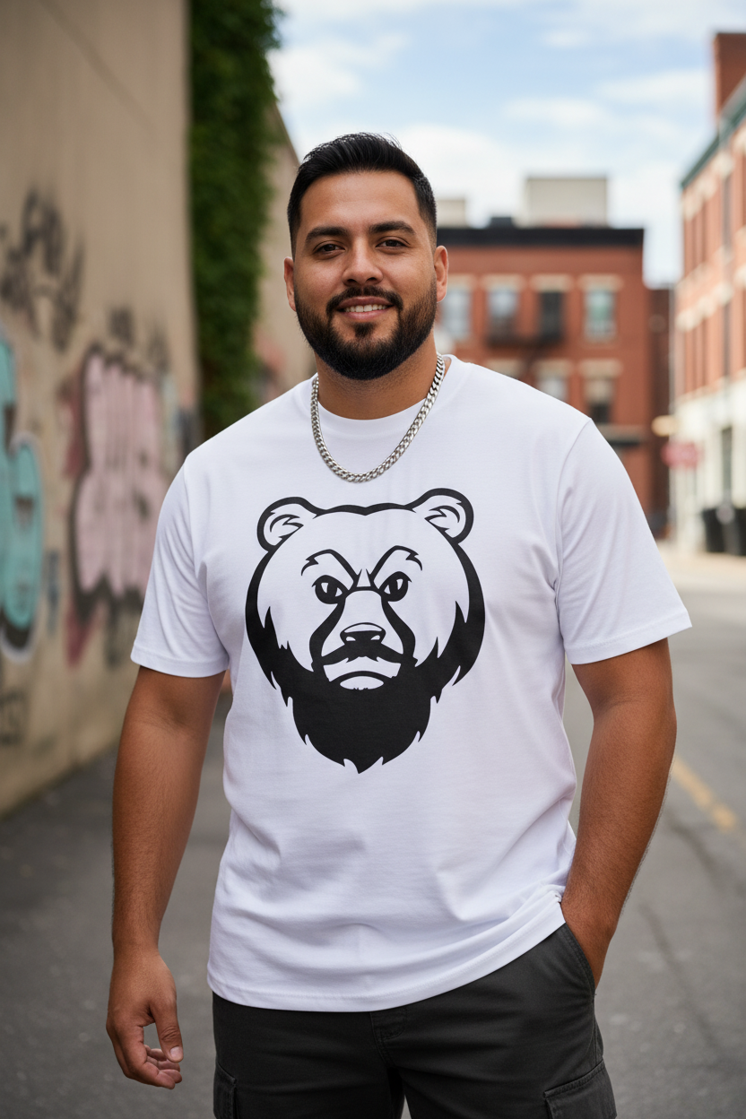 Plus size Latino man in white OG Bear Tee