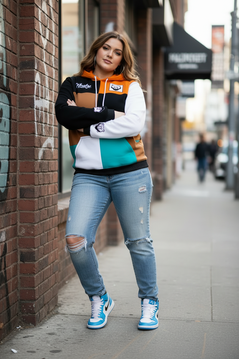 Plus-size white woman in 4 Corner PatchWerk hoodie with Jordan 1s