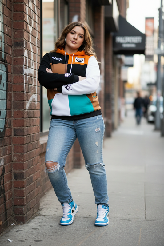 Plus-size white woman in 4 Corner PatchWerk hoodie with Jordan 1s