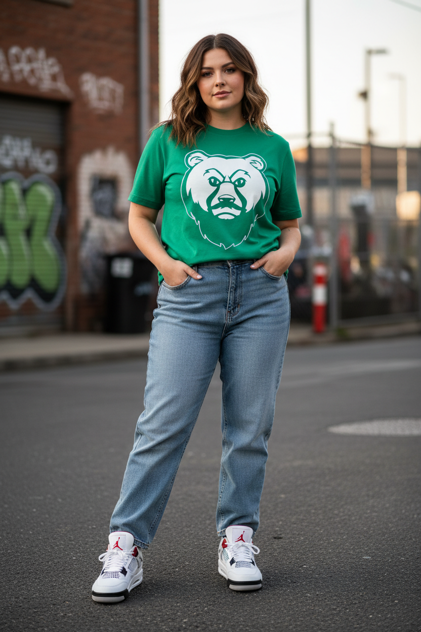 Plus size white woman in green OG Bear Tee