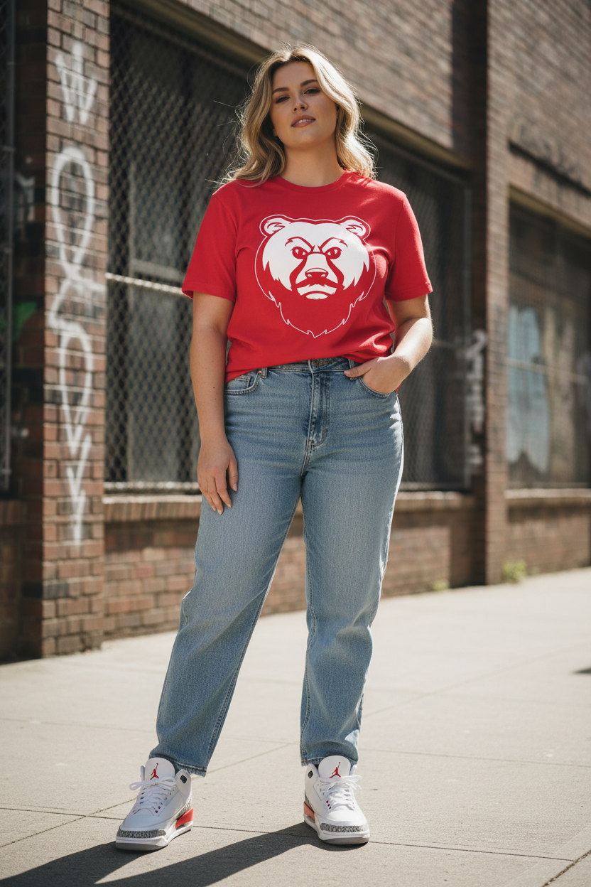 Plus size white woman in red OG Bear Tee with Jordan 3s