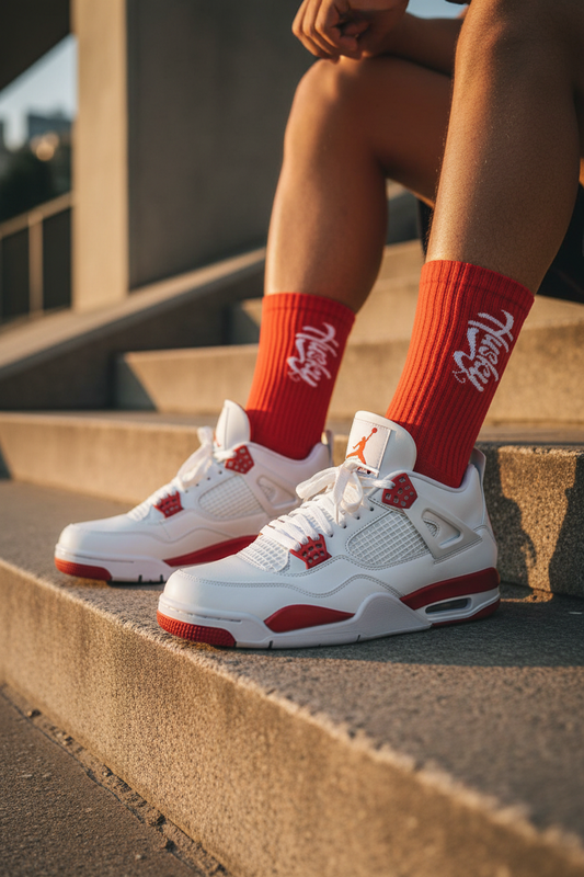 Red socks with Jordan 4s