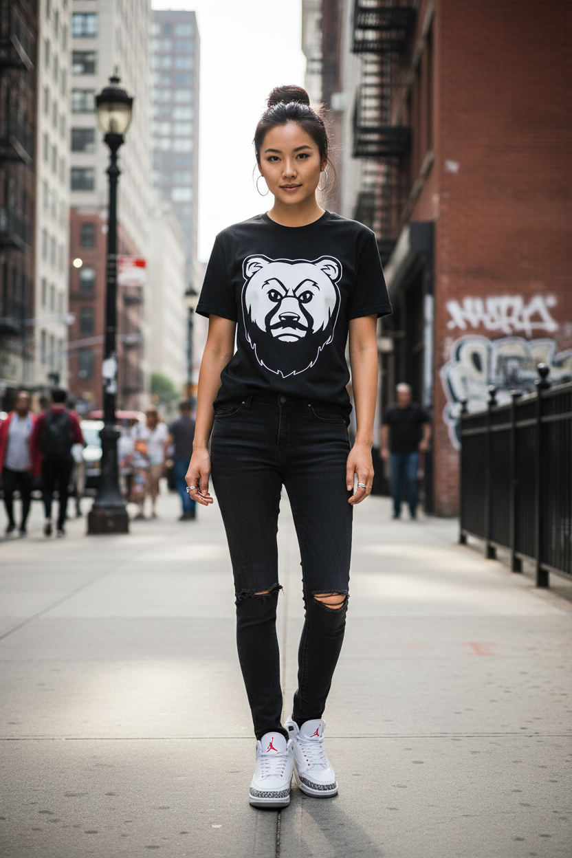 Slim Asian woman in black OG Bear Tee with Jordan 3s