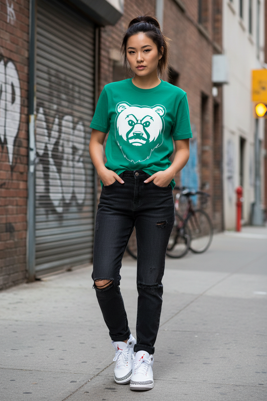 Slim Asian woman in green OG Bear Tee