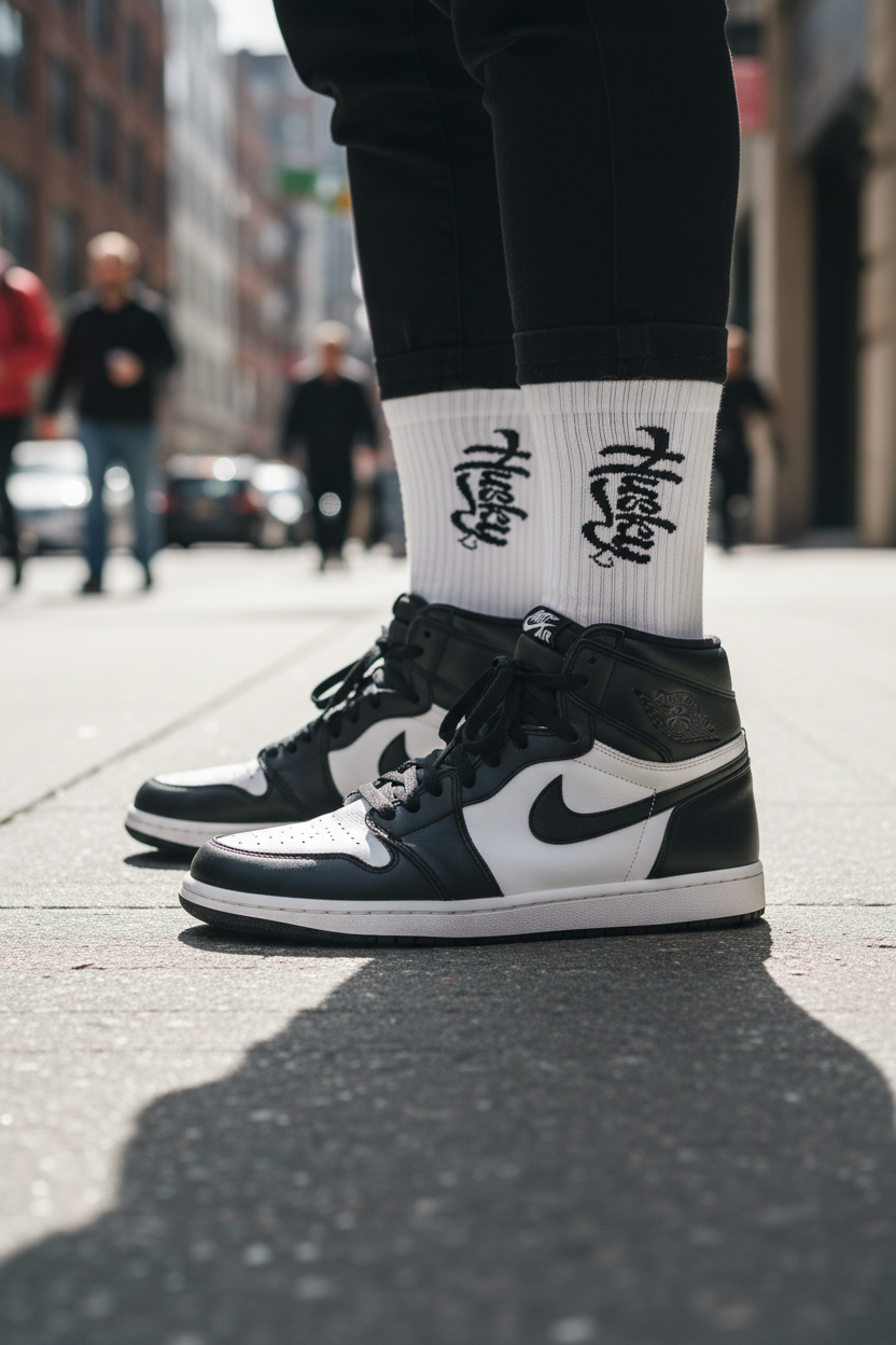 White/Black Husky OG Socks with Jordan 1s